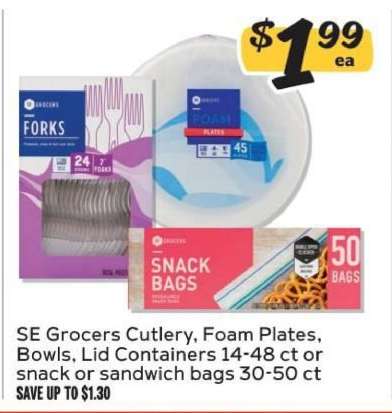 SE Grocers Cutlery, Foam Plates, Bowls, Lid Containers or Snack/Sandwich Bags