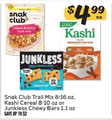 Snak Club Trail Mix, Kashi Cereal, Junkless Chewy Bars