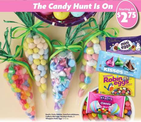 Brach's, Fruity Pubbles, SweetTarts Jellybeans, Cadbury Mini Eggs, Hershey's Kisses, or Whoppers Robin Eggs