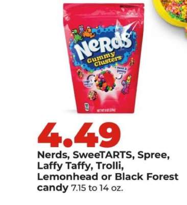 Nerds, SweeTARTS, Spree, Laffy Taffy, Trolli, Lemonhead or Black Forest candy