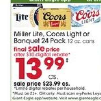 Miller Lite, Coors Light or Banquet 24 Pack