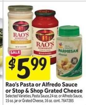 Rao's Pasta or Alfredo Sauce or Stop & Shop Grated Cheese