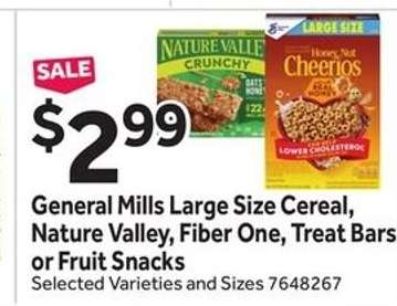 General Mills Large Size Cereal, Nature Valley, Fiber One, Treat Bars or Fruit Snacks