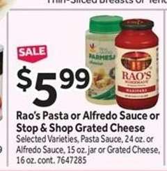 Rao's Pasta or Alfredo Sauce or Stop & Shop Grated Cheese