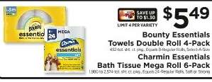 Bounty Essentials Towels Double Roll 4-Pack / Charmin Essentials Bath Tissue Mega Roll 6-Pack