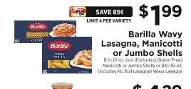 Barilla Wavy Lasagna, Manicotti or Jumbo Shells