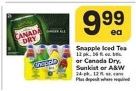 Snapple Iced Tea or Canada Dry, Sunkist or A&W