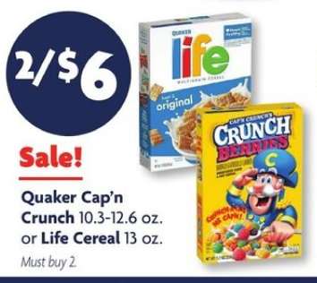Quaker Cap'n Crunch or Life Cereal