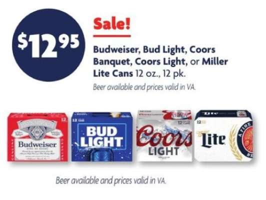 Budweiser, Bud Light, Coors Banquet, Coors Light, or Miller Lite Cans