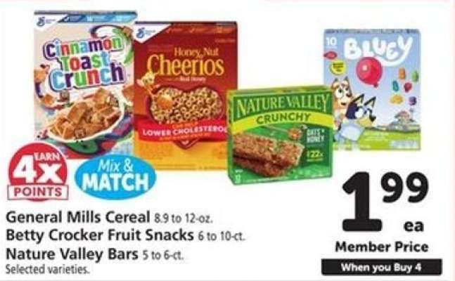 General Mills Cereal, Betty Crocker Fruit Snacks, Nature Valley Bars