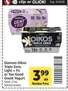 Dannon Oikos Triple Zero, Light & Fit or Too Good Greek Yogurt