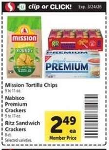 Mission Tortilla Chips, Nabisco Premium Crackers, Ritz Sandwich Crackers