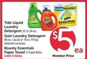 Tide Liquid Laundry Detergent, Gain Laundry Detergent, Bounty Essentials Paper Towel