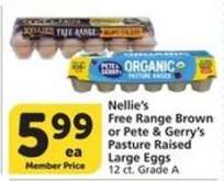 Nellie’s Free Range Brown or Pete & Gerry’s Pasture Raised Large Eggs