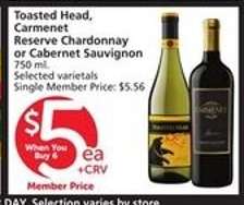 Toasted Head, Carmenet Reserve Chardonnay or Cabernet Sauvignon