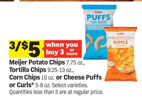 Meijer Potato Chips, Tortilla Chips, Corn Chips, Cheese Puffs or Curls