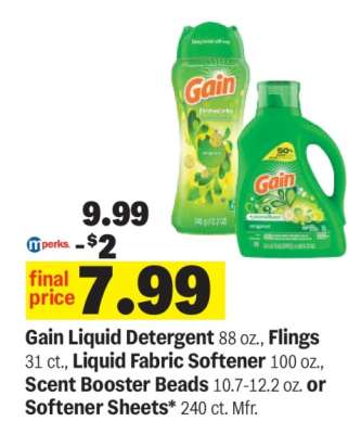Gain Liquid Detergent, Flings, Liquid Fabric Softener, Scent Booster Beads or Softener Sheets