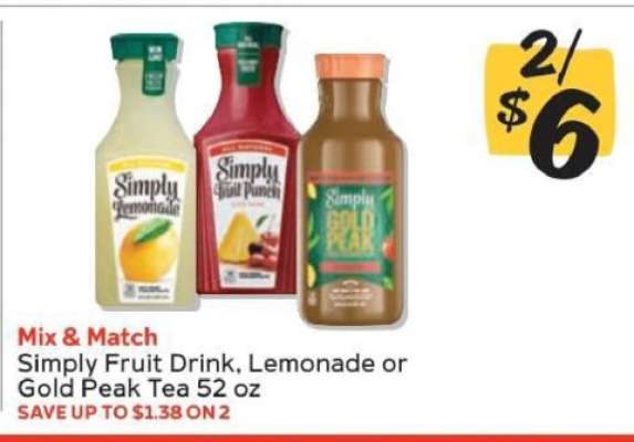 Simply Fruit Drink, Lemonade or Gold Peak Tea