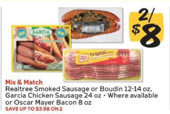 Realtree Smoked Sausage or Boudin, Garcia Chicken Sausage, Oscar Mayer Bacon