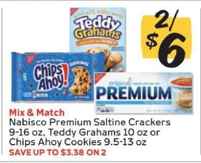 Nabisco Premium Saltine Crackers, Teddy Grahams, Chips Ahoy Cookies