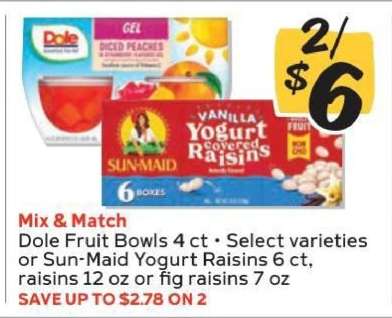 Dole Fruit Bowls or Sun-Maid Yogurt Raisins