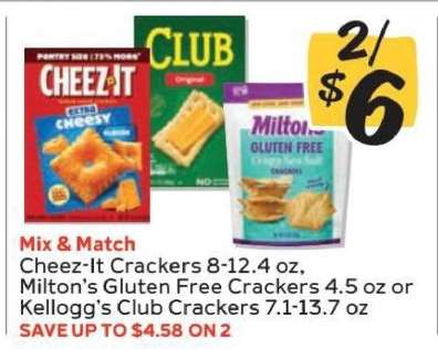 Cheez-It Crackers, Milton's Gluten Free Crackers, Kellogg's Club Crackers