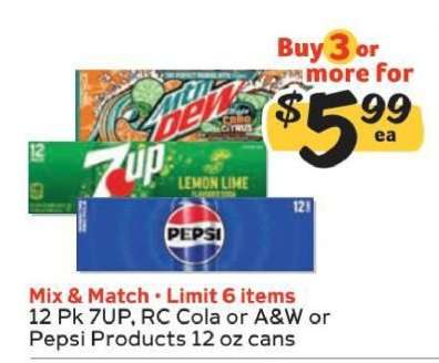 12 Pk 7UP, RC Cola or A&W or Pepsi Products