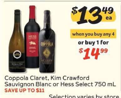 Coppola Claret, Kim Crawford Sauvignon Blanc or Hess Select 750 mL