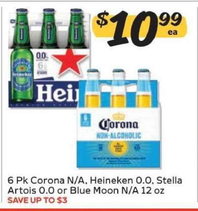 6 Pk Corona N/A, Heineken 0.0, Stella Artois 0.0 or Blue Moon N/A 12 oz
