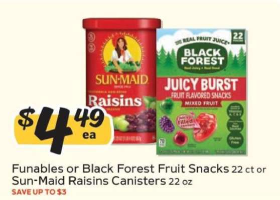 Funables or Black Forest Fruit Snacks or Sun-Maid Raisins Canisters