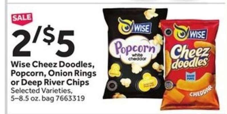 Wise Cheez Doodles, Popcorn, Onion Rings or Deep River Chips