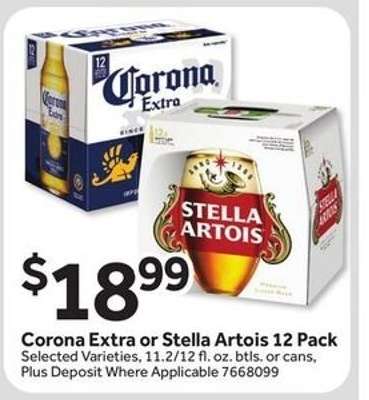Corona Extra or Stella Artois 12 Pack