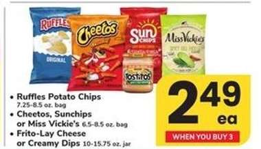 Ruffles Potato Chips, Cheetos, Sunchips, Miss Vickie's, Frito-Lay Cheese or Creamy Dips