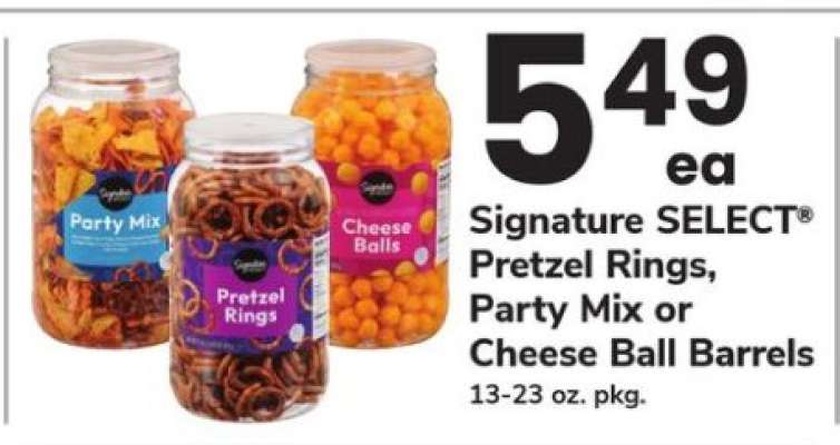 Signature SELECT Pretzel Rings, Party Mix or Cheese Ball Barrels