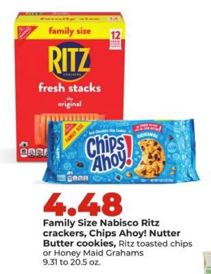Family Size Nabisco Ritz crackers, Chips Ahoy! Nutter Butter cookies