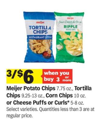 Meijer Potato Chips, Tortilla Chips, Corn Chips, Cheese Puffs or Curls