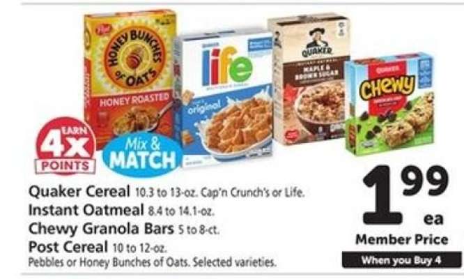 Quaker Cereal, Instant Oatmeal, Chewy Granola Bars, Post Cereal