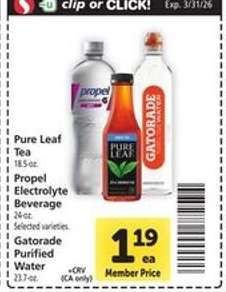 Pure Leaf Tea, Propel Electrolyte Beverage, Gatorade Purified Water