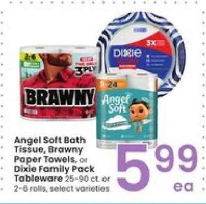 Angel Soft Bath Tissue, Brawny Paper Towels, or Dixie Family Pack Tableware