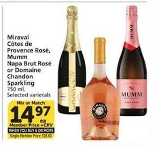 Miraval Côtes de Provence Rosé, Mumm Napa Brut Rosé or Domaine Chandon Sparkling
