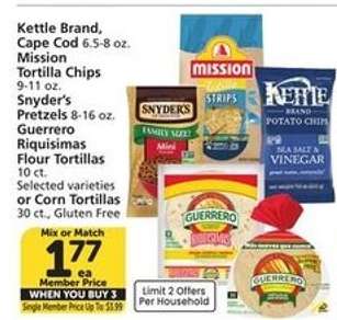 Kettle Brand, Cape Cod, Mission Tortilla Chips, Snyder's Pretzels, Guerrero Riquisimas Flour Tortillas