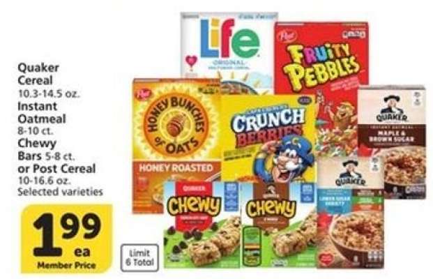 Quaker Cereal, Instant Oatmeal, Chewy Bars or Post Cereal