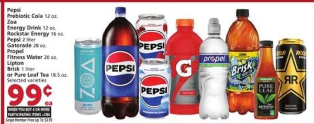 Pepsi, Prebiotic Cola, Zoa, Rockstar Energy, Gatorade, Propel, Fitness Water, Lipton Brisk, Pure Leaf Tea