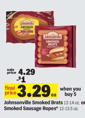 Johnsonville Smoked Brats or Smoked Sausage Ropes