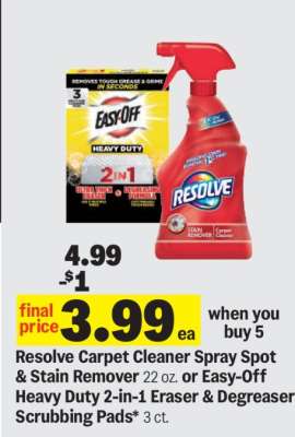 Resolve Carpet Cleaner Spray Spot & Stain Remover or Easy-Off Heavy Duty 2-in-1 Eraser & Degreaser Scrubbing Pads