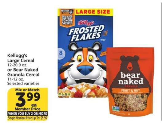 Kellogg’s Large Cereal or Bear Naked Granola Cereal