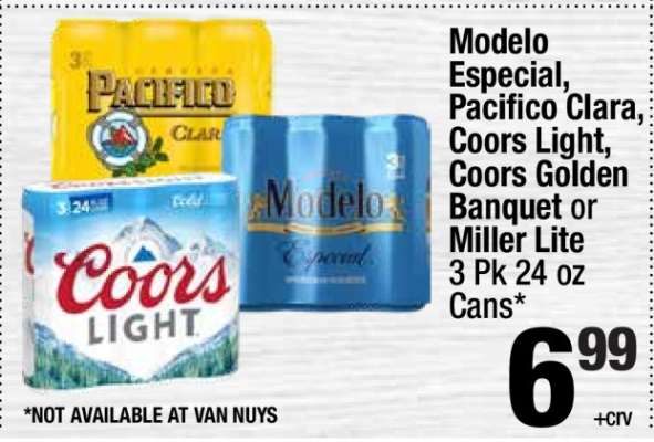 Modelo Especial, Pacifico Clara, Coors Light, Coors Golden Banquet or Miller Lite