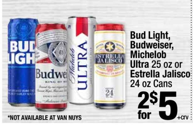 Bud Light, Budweiser, Michelob Ultra 25 oz or Estrella Jalisco 24 oz Cans
