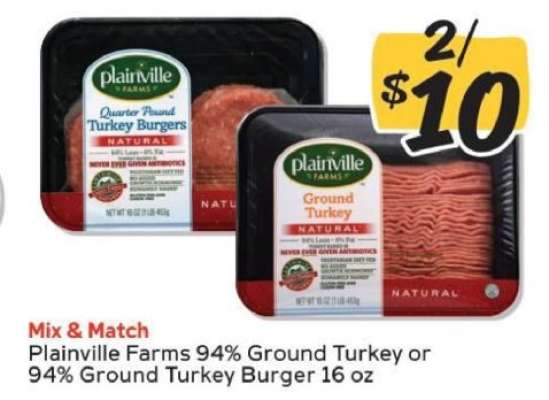 Plainville Farms 94% Ground Turkey or 94% Ground Turkey Burger