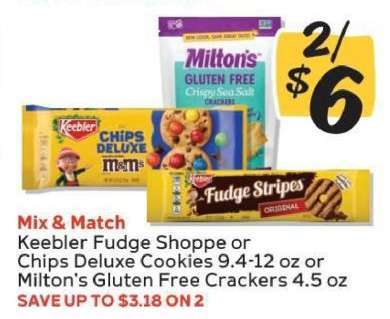 Keebler Fudge Shoppe or Chips Deluxe Cookies or Milton's Gluten Free Crackers